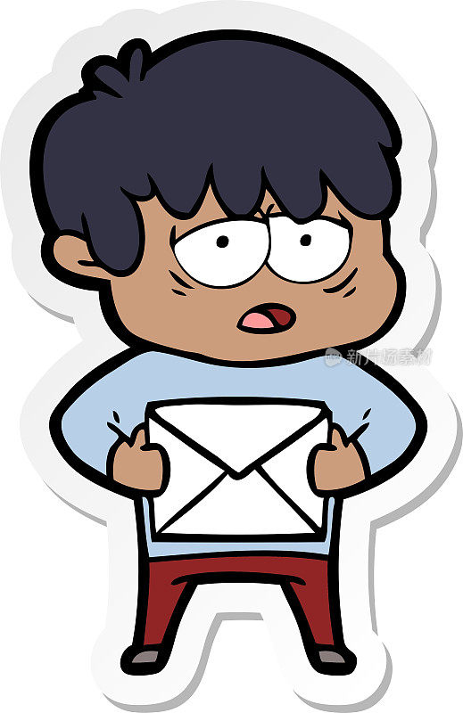一个卡通精疲力竭的男孩带着信的贴纸