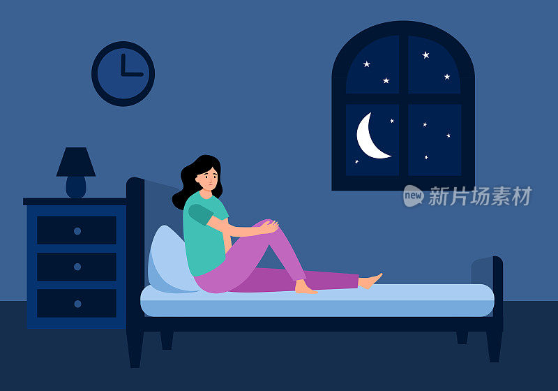 失眠的女人患有失眠症。女性在黑暗中睁着眼睛坐在床上概念矢量插图。
