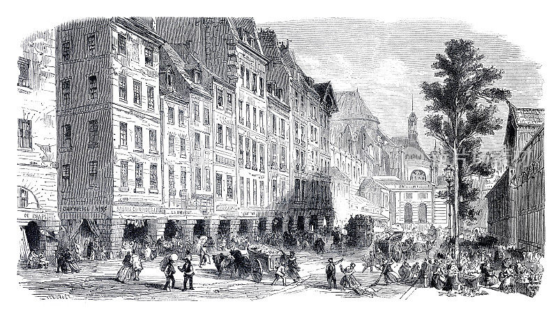 1866年法国巴黎带市场的街道