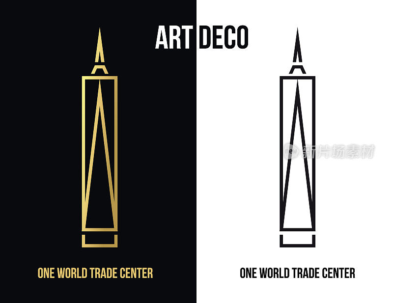 世界贸易中心一号，金色和黑色装饰艺术插画，纽约，美国。