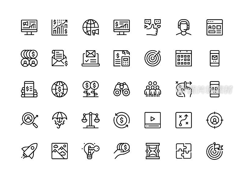 商业和营销细线图标集系列