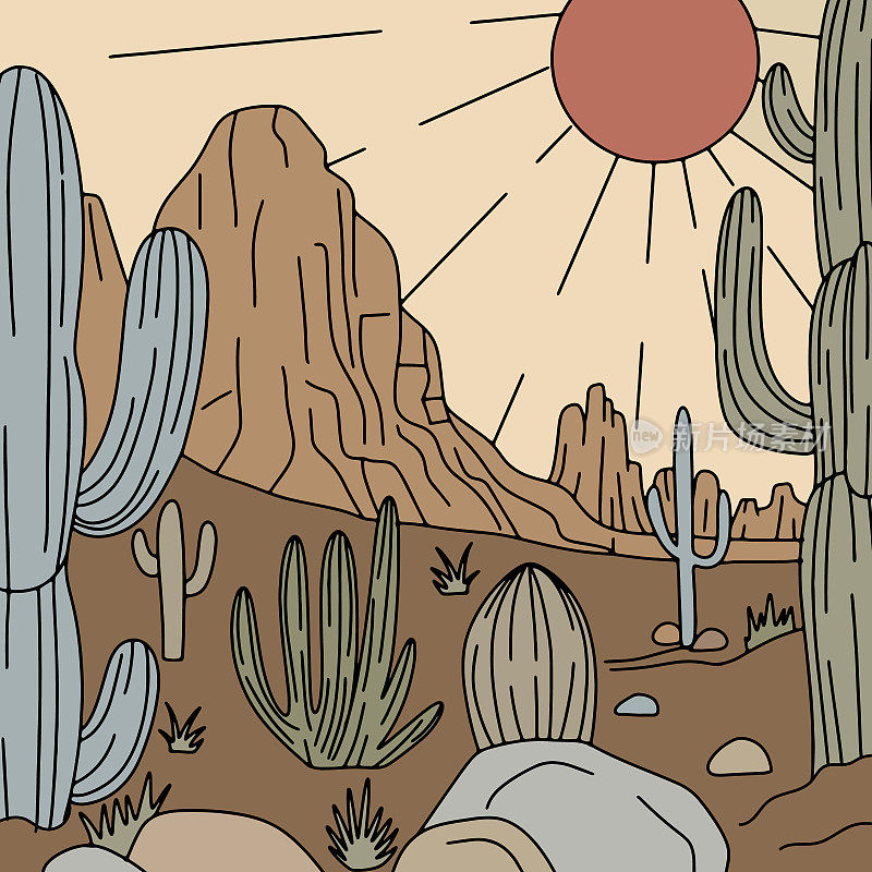 狂野的西部沙漠景观与山脉和仙人掌。复古卡通矢量插图