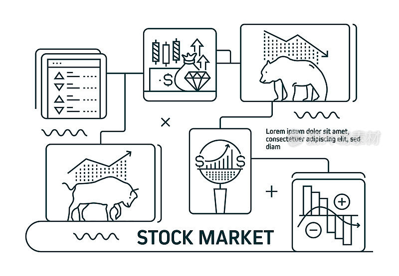股票市场线图标。现代平面设计。矢量线图标。现成的横幅，书籍，宣传册，网页的设计。分析，牛市，熊市，交易平台，市场趋势