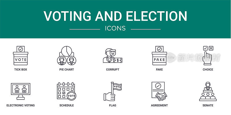 10个大纲网络投票和选举图标，如勾框，饼图，腐败，虚假，选择，电子投票，时间表矢量图标的报告，演示，图表，网页设计，移动应用程序