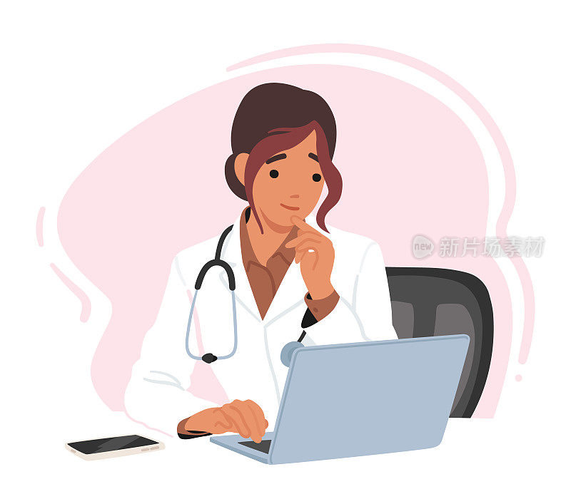 年轻的女医生角色坐在办公桌前，在笔记本电脑上打字，专注于提供高质量的病人护理