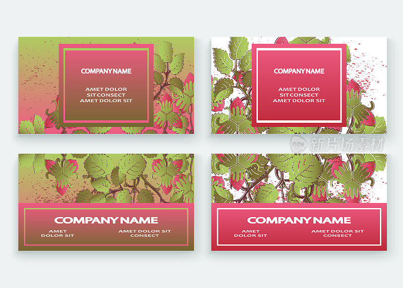 草莓图案设计模板产品。手绘红莓。可爱时髦的深色背景开花绿叶灌木。平面插图婚礼，邀请，海报，卡片，封面，产品矢量