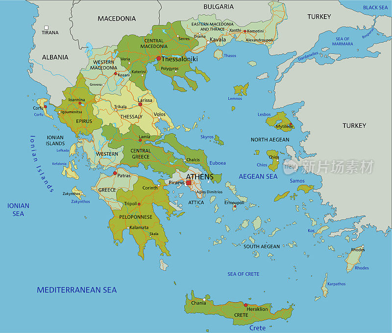 高度详细的可编辑的政治希腊地图与分离的层。