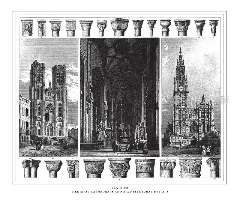 中世纪大教堂和建筑细节雕刻古董插图，出版于1851年