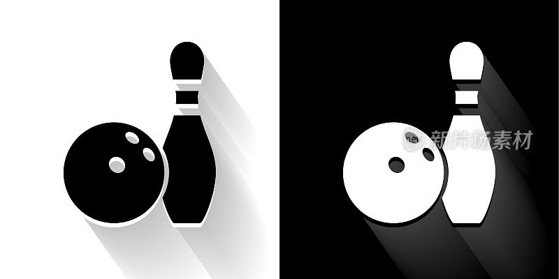 保龄球和针黑色和白色图标与长影子