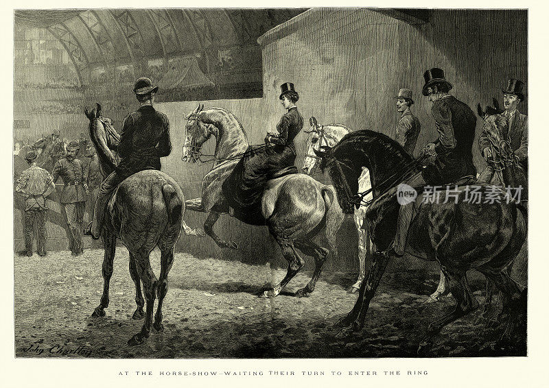 维多利亚时代的赛马表演，骑手们等着进入场地