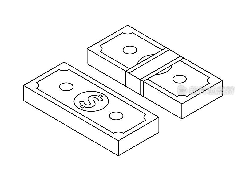 勾勒出等距堆积的美国钞票孤立在一个白色的背景