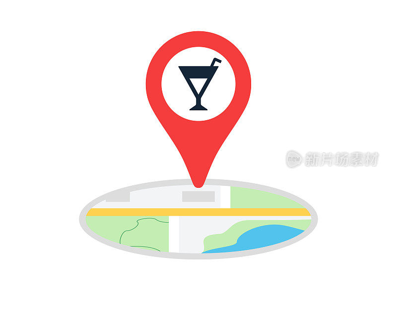 杜松子酒或鸡尾酒杯与导航位置地图大头针图标矢量插图