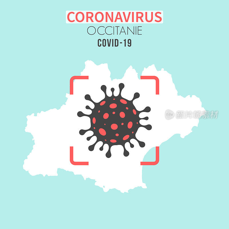 红色取景器中带有冠状病毒细胞(COVID-19)的欧西尼地图