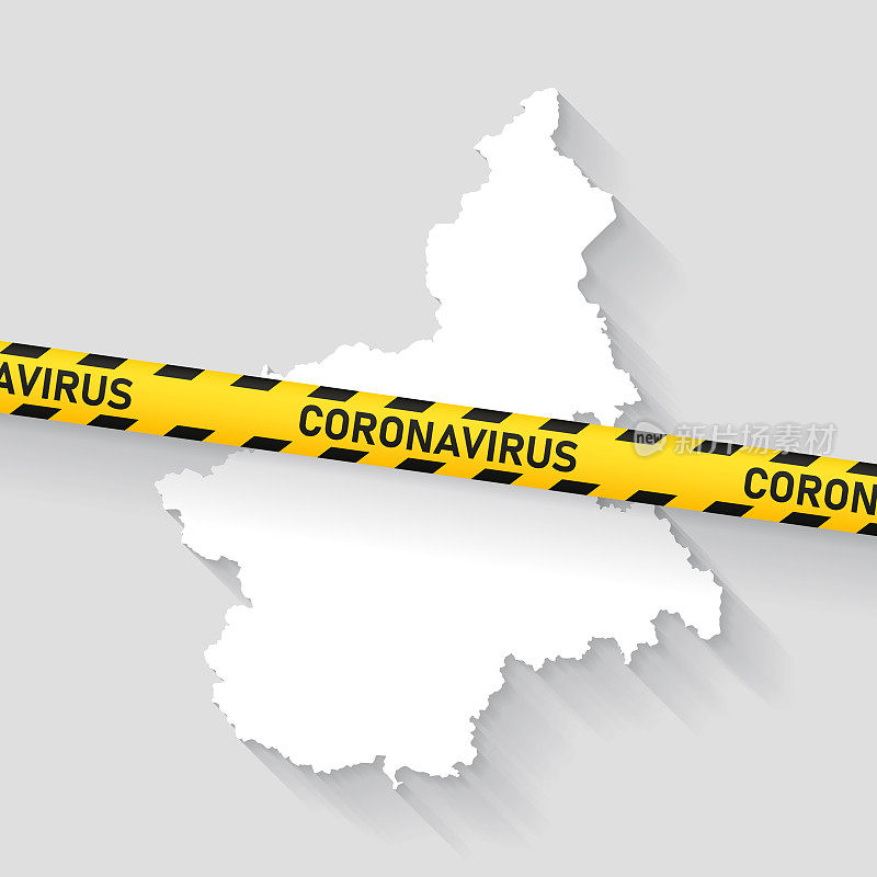 带冠状病毒警告胶带的皮埃蒙特地图。Covid-19爆发