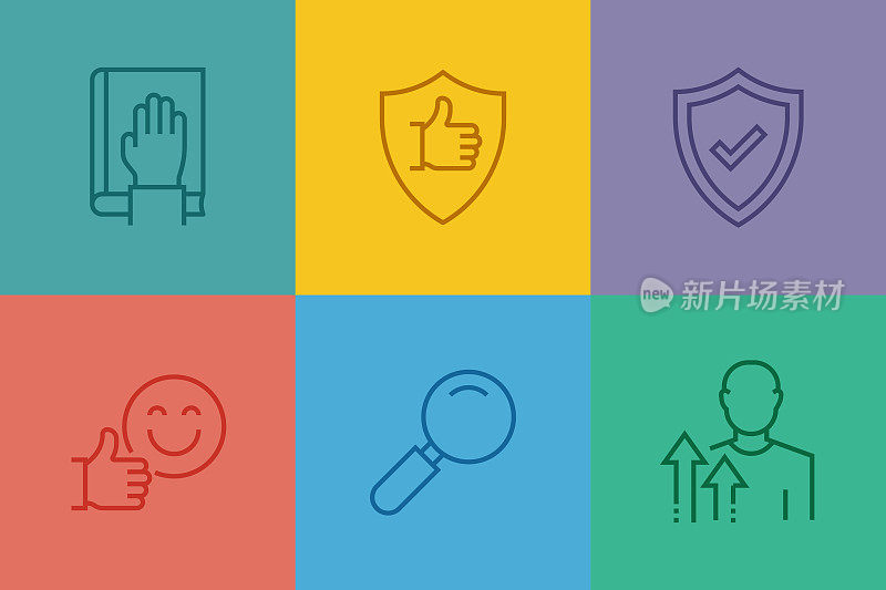 核心价值相关的线图标，轮廓矢量符号说明。