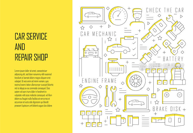 汽车服务和修理店相关线设计风格网页横幅矢量插图