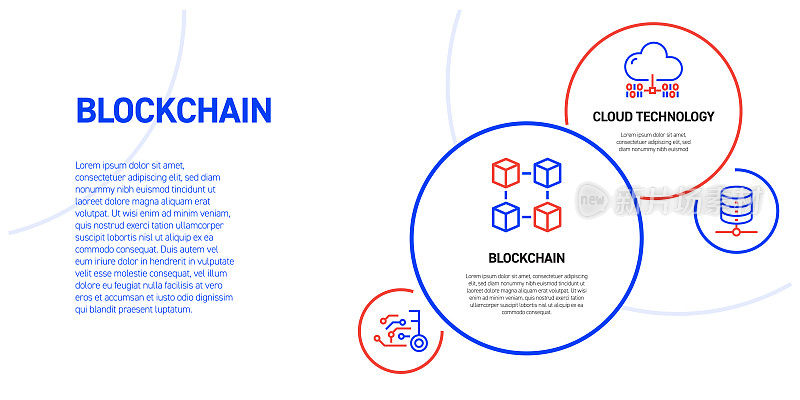 区块链与线条图标相关的信息图设计。简单轮廓符号图标。