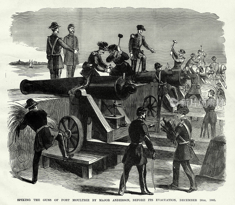 古董:在撤出前，安德森少校在莫特里堡的枪炮上钉钉，1860年12月20日内战版画