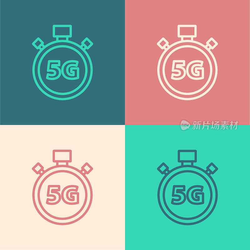 波普艺术线数字速度表概念与5G图标隔离在彩色背景。全球网络高速连接数据速率技术。向量