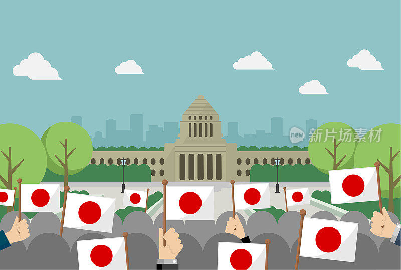 日本国会大厦和国旗矢量横幅插图