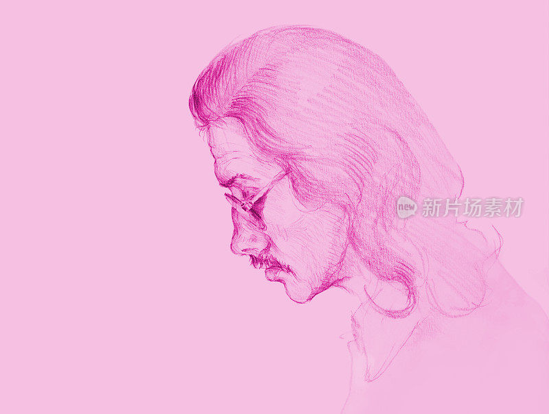 插图铅笔画肖像的一个男人在侧面与长黑发和胡子戴眼镜在粉红色的背景