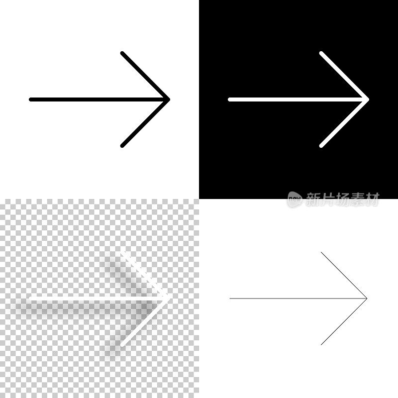 右箭头。图标设计。空白，白色和黑色背景-线图标