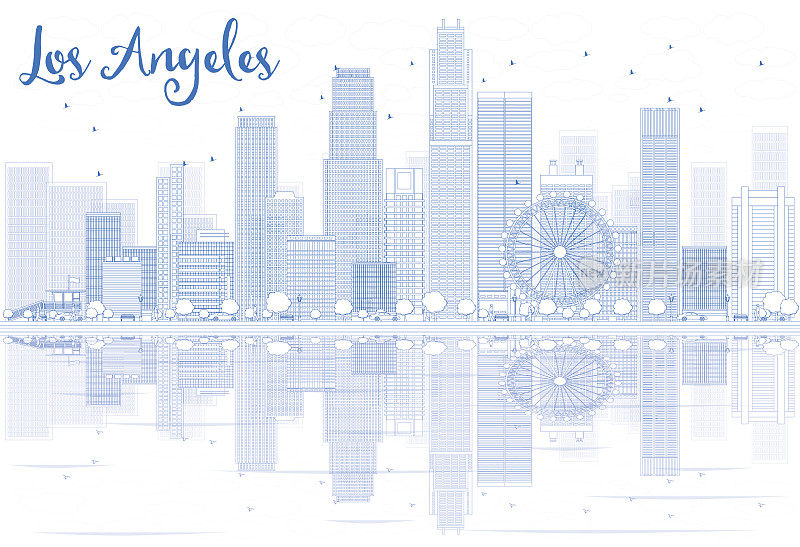 用蓝色的建筑和倒影勾勒出洛杉矶的天际线。