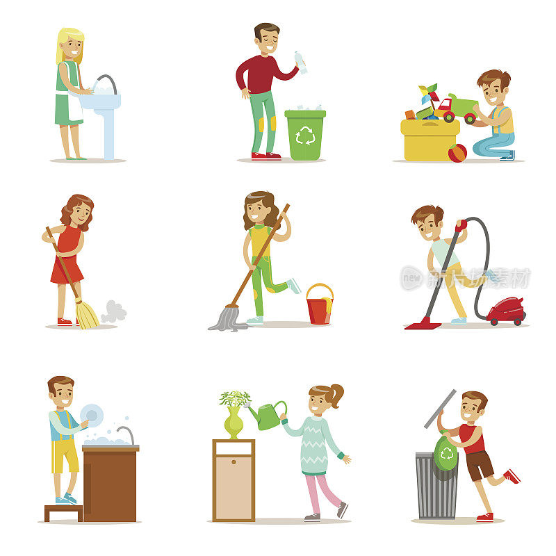 孩子们帮忙打扫房间，洗地板，扔垃圾和给植物浇水