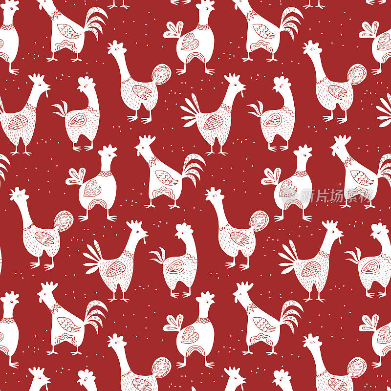 无缝图案背景与白色公鸡在红色的背景。