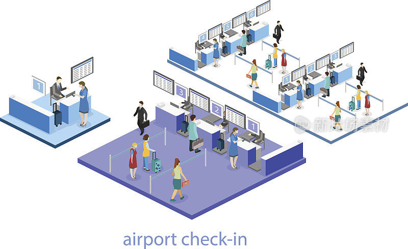 机场等距平面三维矢量室内候机室。