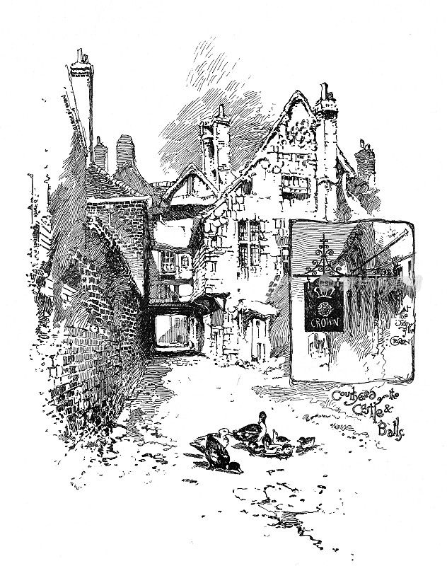 维多利亚时代的插图庭院的城堡和球教练客栈马尔堡威尔特郡;艺术家赫伯特Railton