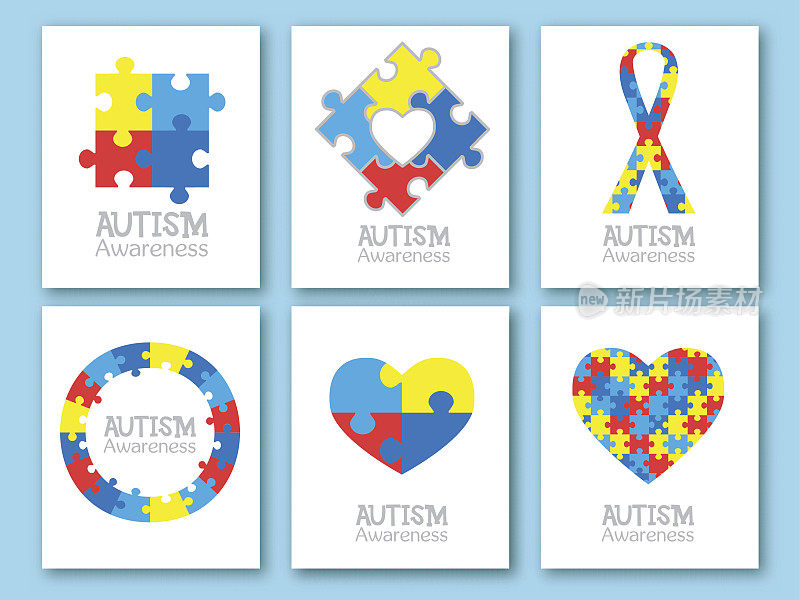 世界提高自闭症意识日。彩色拼图象征自闭症。矢量插图。医疗平面插图。卫生保健。一套卡片，请柬，海报设计模板。设计元素集合