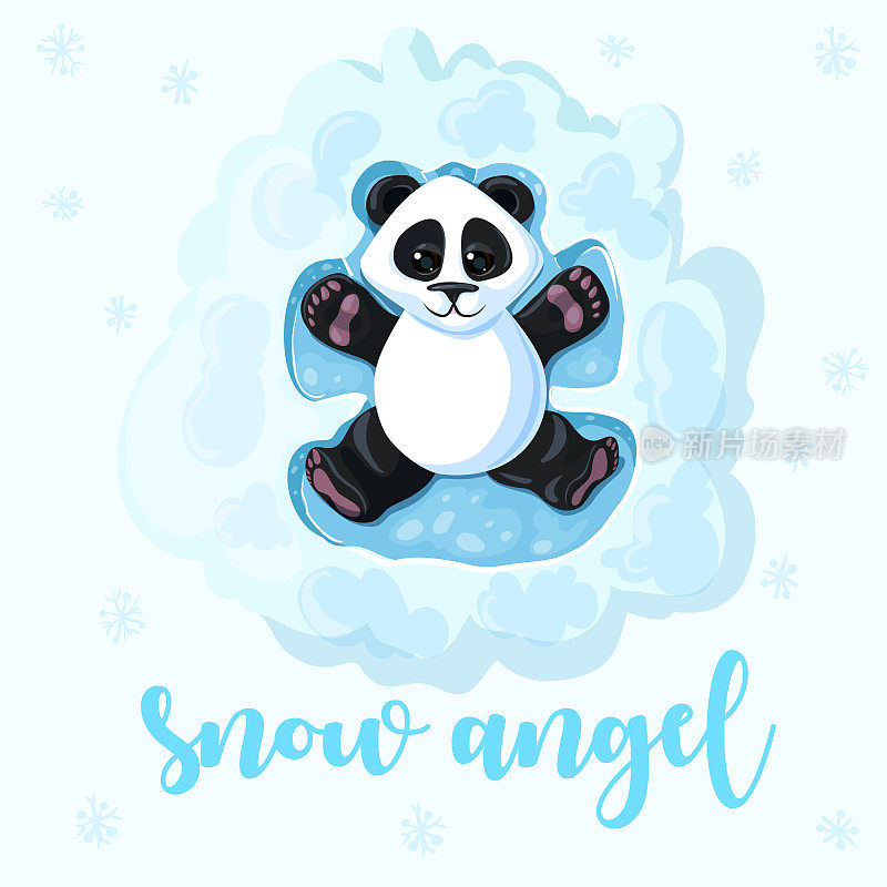 熊猫躺在雪地里玩雪天使。在雪中创造一个天使