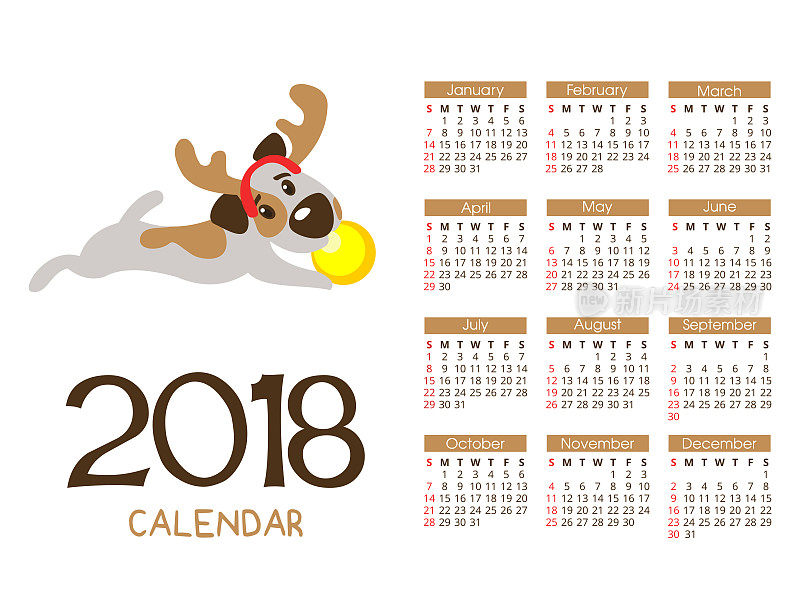 2018年圣诞日历。矢量文件。狗是这一年的象征。有趣的杰克罗素梗04