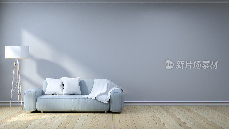 极简主义的室内设计，浅灰色沙发与灯在灰色墙壁和硬木地板，3d渲染