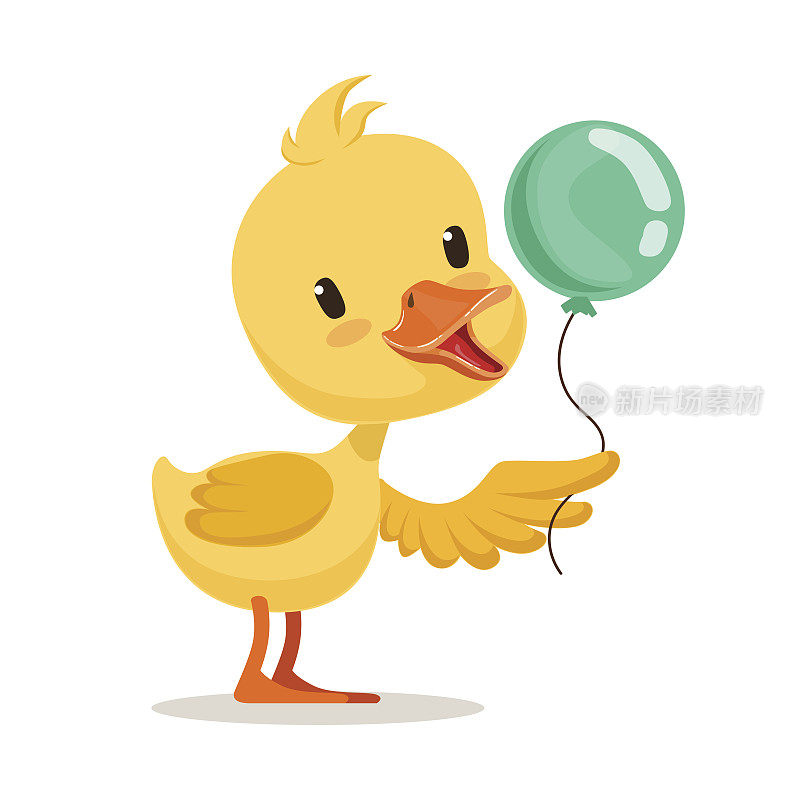 小卡通鸭子人物拿着蓝色的气球，可爱的表情矢量插图