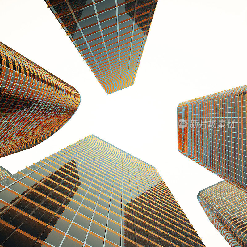 在傍晚日落时，在商业区的现代摩天大楼的底部视图。工业建筑、商业建筑和房地产金融概念。三维渲染