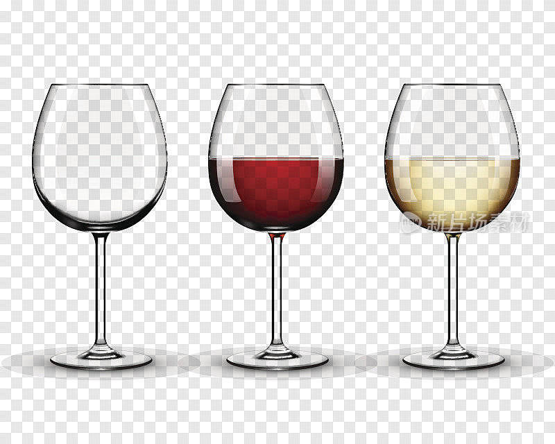 设置透明矢量酒杯空，与白葡萄酒和红酒在透明的背景