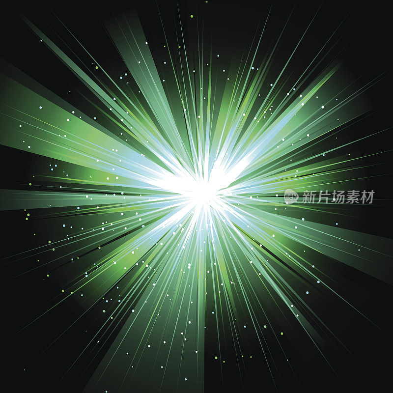 恒星与射线白色绿色在空间隔离和影响隧道螺旋星系，星云，宇宙在黑色背景矢量