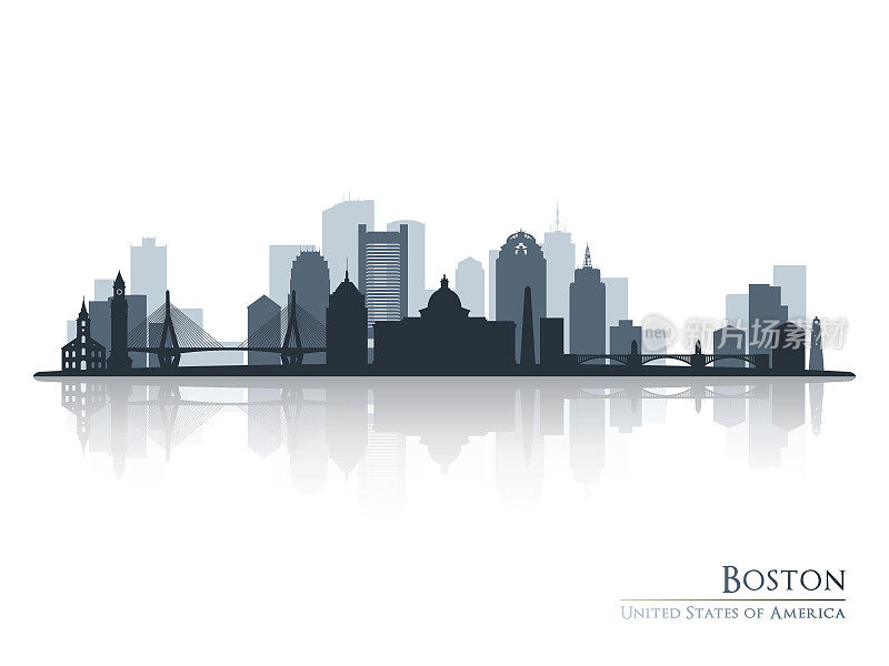 波士顿，倒影下的轮廓。矢量插图。
