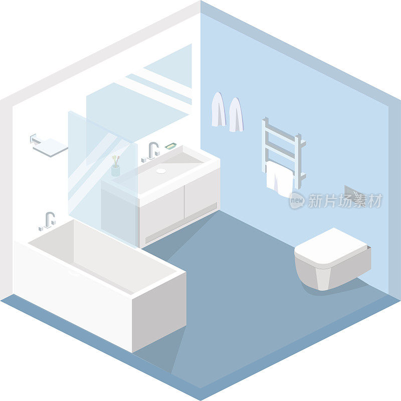 浴室内部的等距平面三维矢量概念