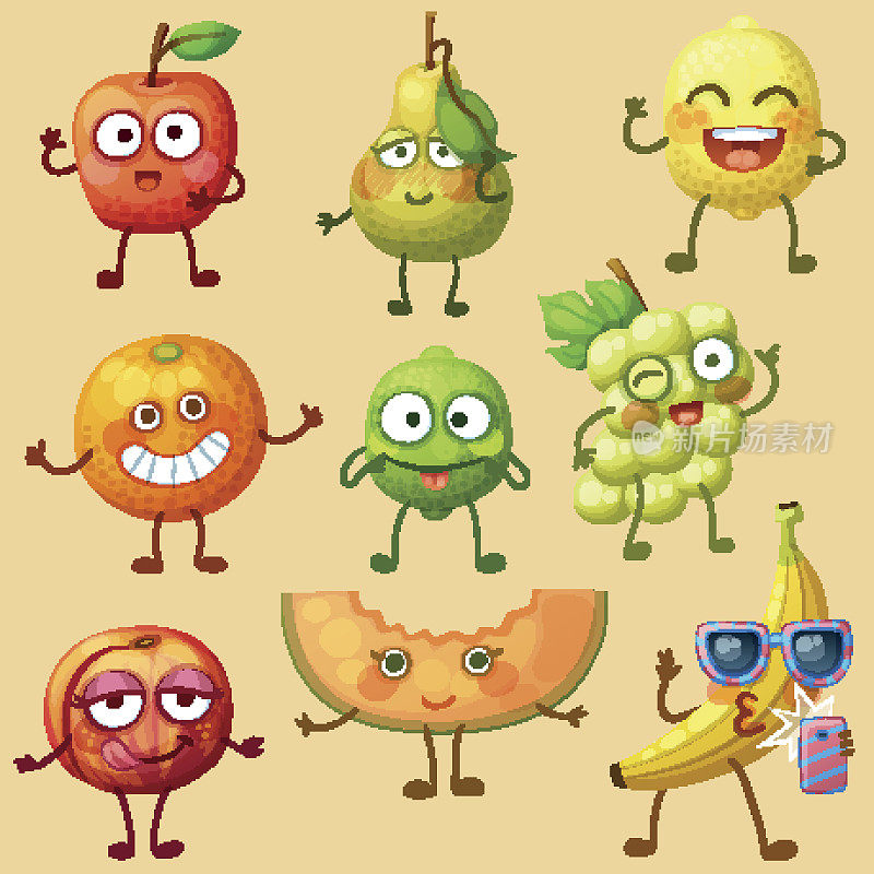 有趣的水果性状孤立在白色背景。emoji快乐的食物。卡通矢量插图:绿梨、红苹果、自拍香蕉、酸橙、橙子、白葡萄、甜瓜片、柠檬、油桃