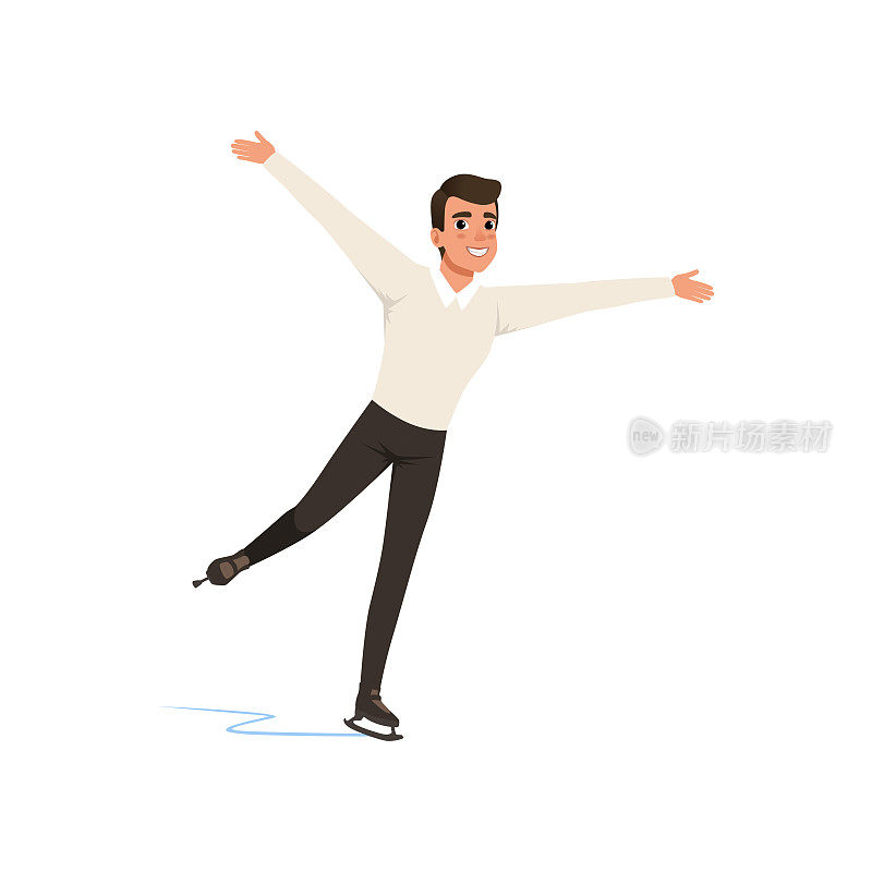 花样滑冰男子滑冰，男子运动员在室内溜冰场练习矢量插图上的白色背景