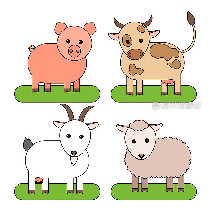 家畜:牛、猪、山羊、绵羊。矢量插图。