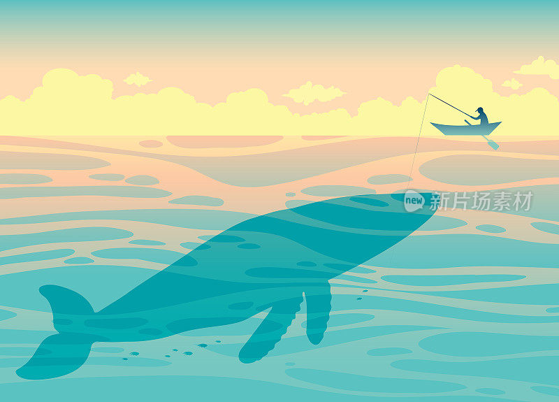 大鲸鱼和渔夫。海向量。