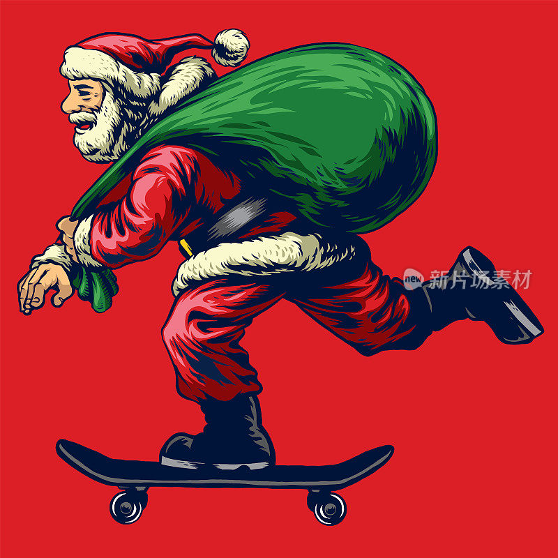 圣诞老人一边玩滑板，一边带着满满一袋圣诞礼物