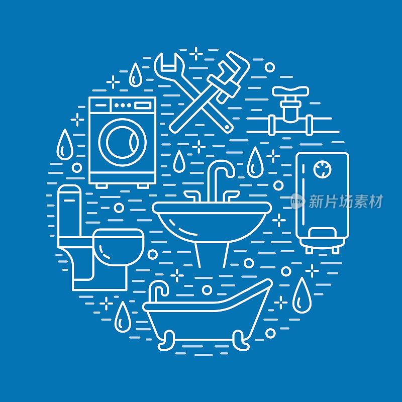 水暖服务蓝色横幅插图。家居浴室设备、水龙头、卫生间、管道、洗衣机、锅炉的矢量线图标。管道工维修圈模板