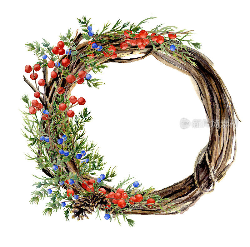 水彩手画冬天的树枝花环。用红色和蓝色的冬季浆果和杜松木编成的木花环。自然的插图设计和背景