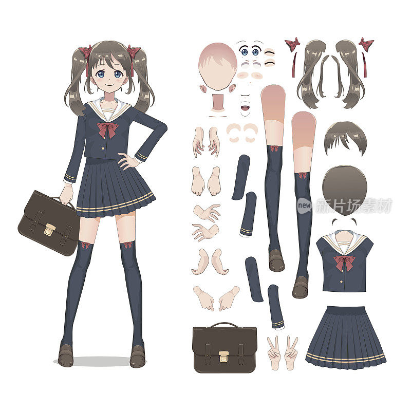 动漫女学生穿着裙子，长统袜和书包。日本风格的卡通人物。一组用于角色动画的元素
