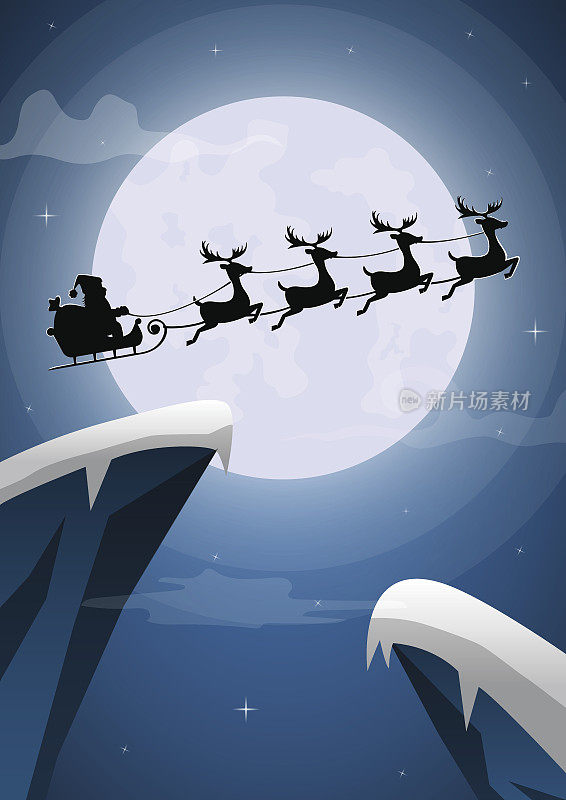 圣诞老人和驯鹿雪橇在平安夜飞翔